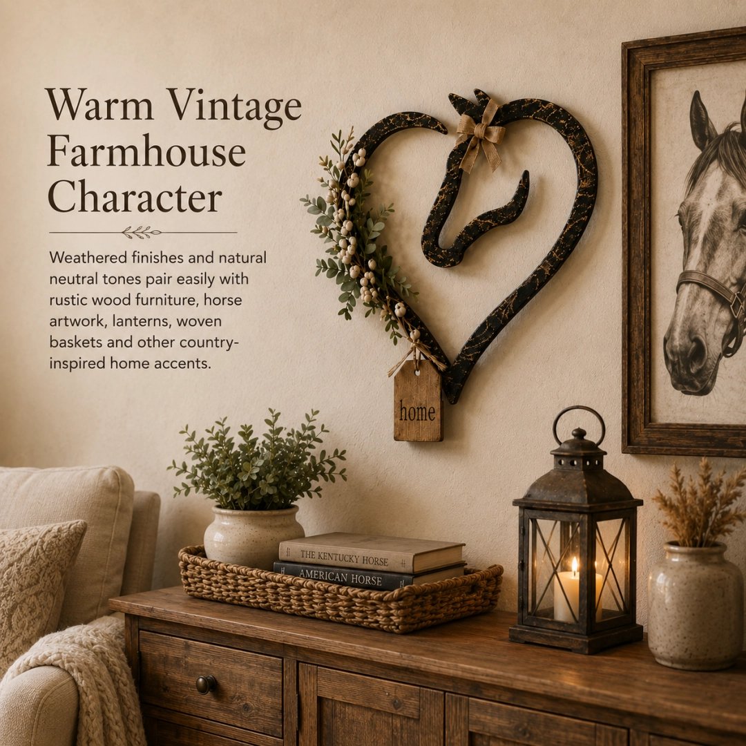 Rustikale Wanddekoration in Form eines Pferdeherzens mit Grünpflanzen – Wohnaccessoire im Farmhouse-Stil mit Pferdemotiv