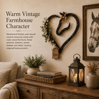 Rustikale Wanddekoration in Form eines Pferdeherzens mit Grünpflanzen – Wohnaccessoire im Farmhouse-Stil mit Pferdemotiv