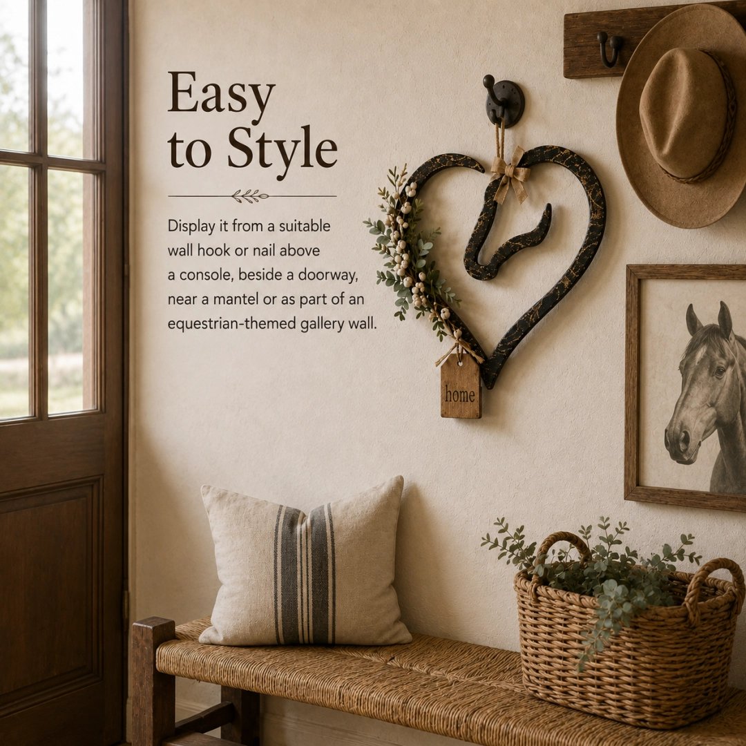 Rustikale Wanddekoration in Form eines Pferdeherzens mit Grünpflanzen – Wohnaccessoire im Farmhouse-Stil mit Pferdemotiv