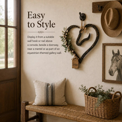 Rustikale Wanddekoration in Form eines Pferdeherzens mit Grünpflanzen – Wohnaccessoire im Farmhouse-Stil mit Pferdemotiv